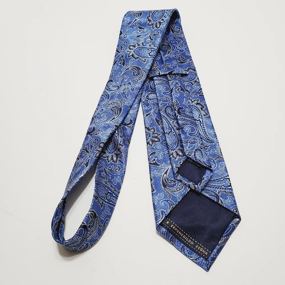 Ermenegildo Zegna Blue Paisley Pattern Men's Italian Silk Neck Tie Jacquard - Picture 5 of 5